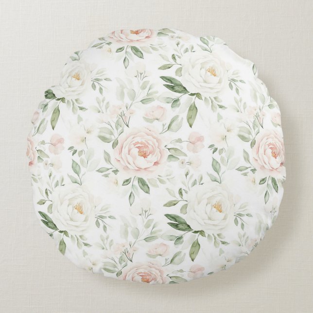 Almofada Redonda Lindo Rosa Floral Bege   (Frente)