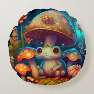 Almofada Redonda Lindos elfos brincam sob cogumelos redondos