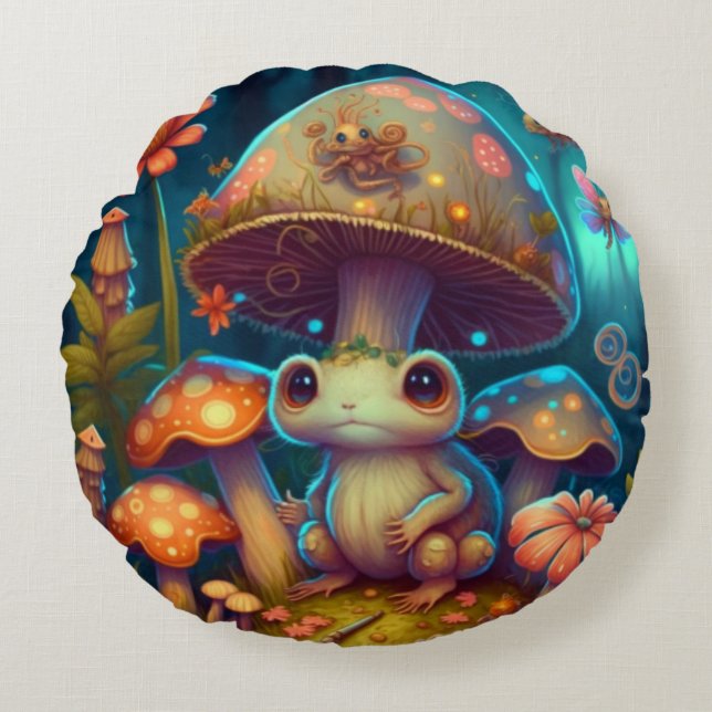 Almofada Redonda Lindos elfos brincam sob cogumelos redondos (Frente)
