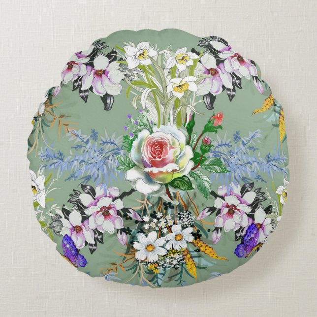 Almofada Redonda Lindos Rosas Florais Flóridas Flores Verdes (Frente)