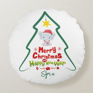 Almofada Redonda Linha Árvore Natal e Elefante Feliz ano novo