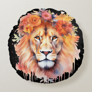 Almofada Redonda Lion Pastel Flowers Safari Watercolor Savannah Cat