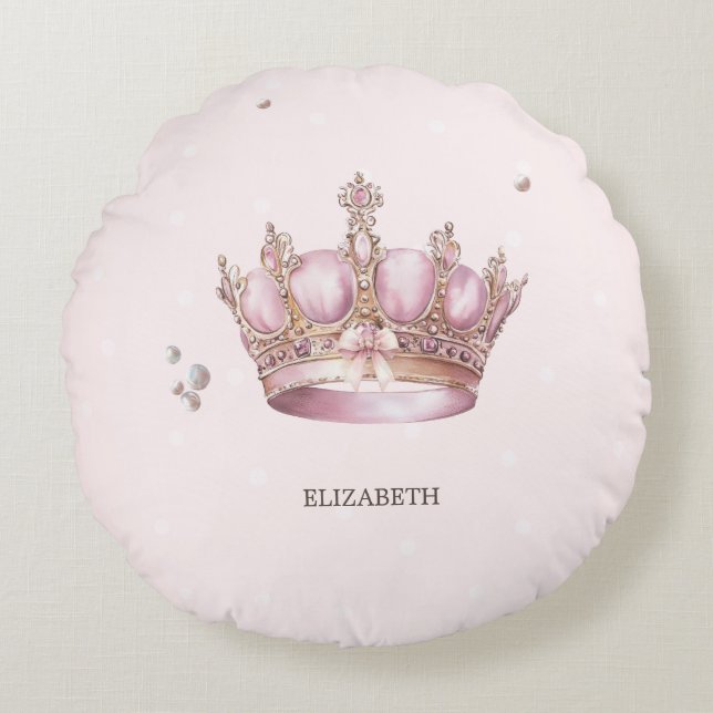 Almofada Redonda Little Princess Crown Pearls Dots Baby Shower (Frente)