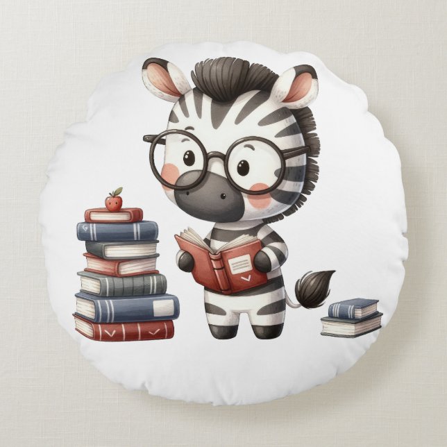 Almofada Redonda Livros de Leitura da Zebra. (Frente)