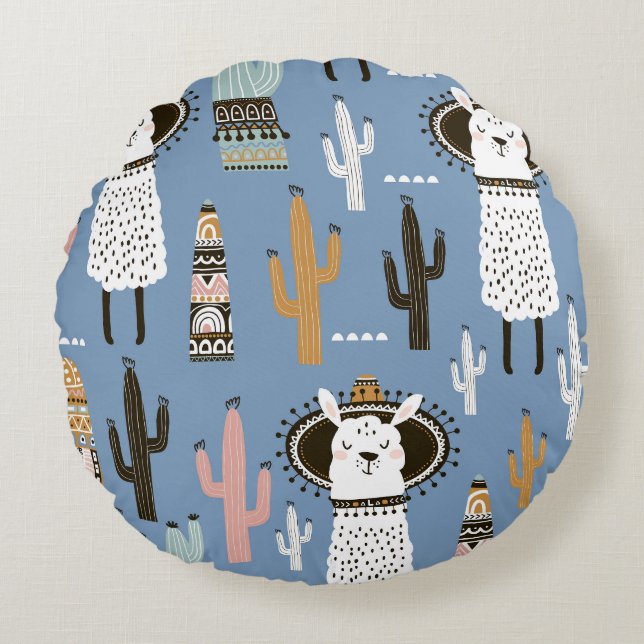 Almofada Redonda Llama, Cactus, Padrão De Elementos Desenhados À Mã (Frente)