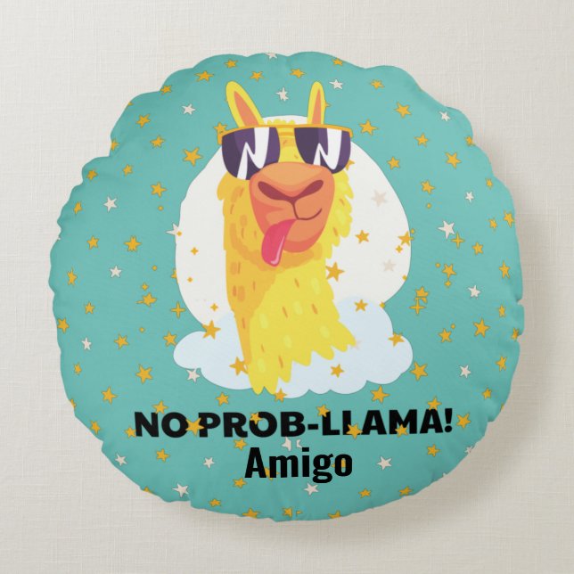 Almofada Redonda Llama Divertido Fofo Sem Problemas com Estrelas (Frente)