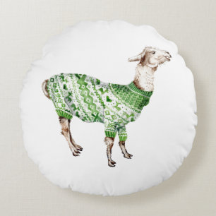 Almofada Redonda Llama em Sweater Verde
