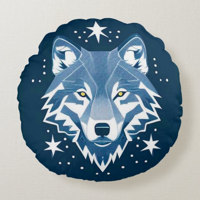 Almofada Redonda Lobo Geométrico Com Estrelas Decoração Mística 🐺 (Frente)