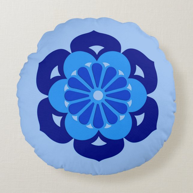 Almofada Redonda Lotus Flower Mandala, Indigo e Azul Claro (Frente)