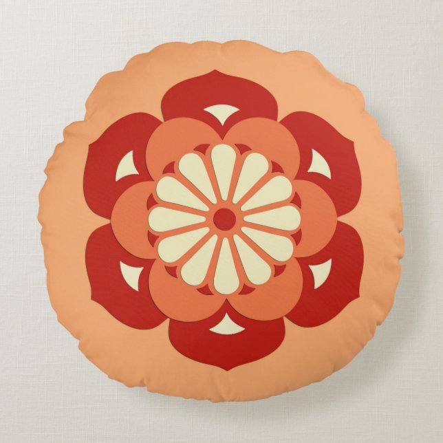 Almofada Redonda Lotus Flower Mandala, Pastel Orange e Mandarin (Frente)