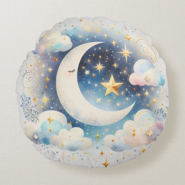 Almofada Redonda Lua Crescente Azul e Branco Celestial Boho Moderno (Frente)