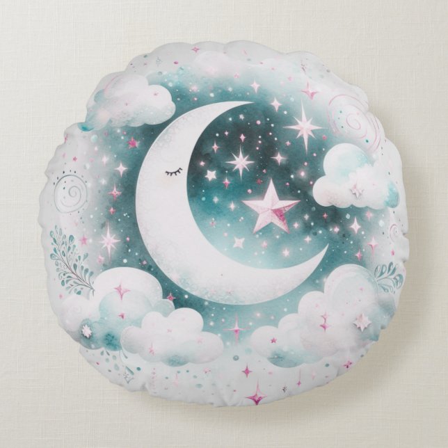 Almofada Redonda Lua Crescente Azul e Branco Celestial Boho Moderno (Frente)