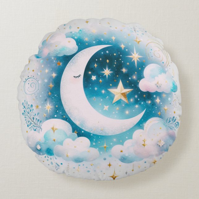 Almofada Redonda Lua Crescente Azul e Branco Celestial Boho Moderno (Frente)
