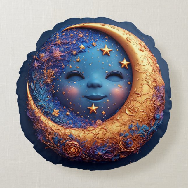 Almofada Redonda Lua Crescente Caprichosa com Rosto Sorridente (Frente)