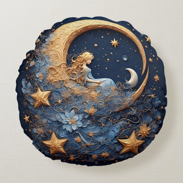 Almofada Redonda Lua Crescente Dourada Decorativa (Frente)