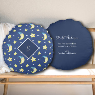 Almofada Redonda Lua de Mensagem Personalizada e Estrelas Azul