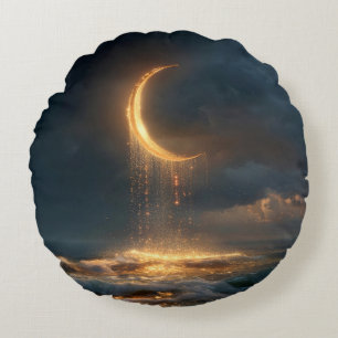 Almofada Redonda Lua do Crescente Ouro Surreal acima do oceano