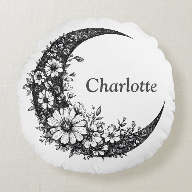 Almofada Redonda Lua e Flores Arte com Nome Personalizável (Frente)