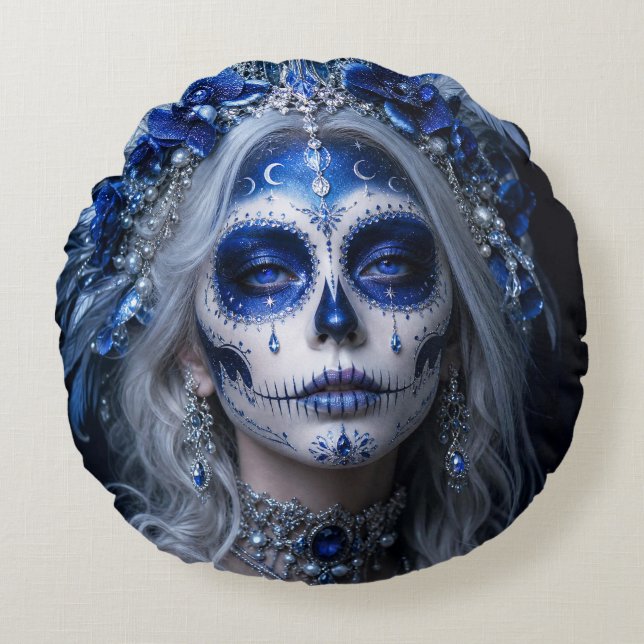 Almofada Redonda Lua Safira Calavera – Azul Celestial (Frente)