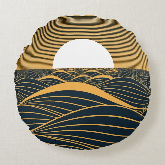 Almofada Redonda Lua-sol estilizada, ilustração do mar escuro. (Frente)