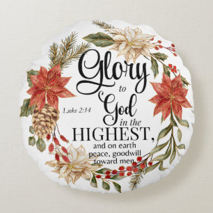 Almofada Redonda Luke 2:14 Glória a Deus Dourada Floral de Natal