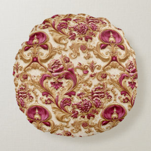 Almofada Redonda Luxo Barroco Floral Dourado e Borgonha