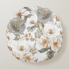 Almofada Redonda Luxo, Elegante, Padrão de Flores Cinza Dourado