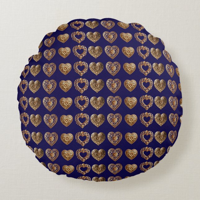 Almofada Redonda Luxurious Golden Baroque Hearts Pattern on Navy Bl (Frente)