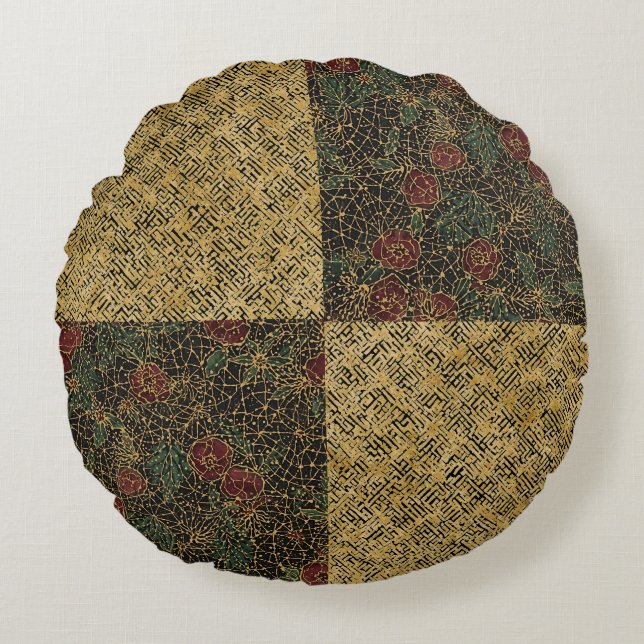 Almofada Redonda Luxury Flowers and Gold Pattern ,Gold Black Red  (Frente)