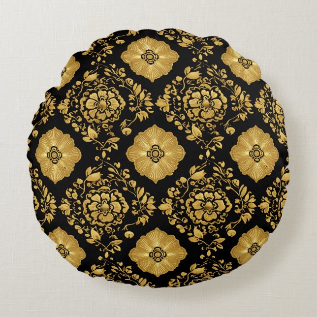 Almofada Redonda Luxury Gold Floral Damask Pattern On Black (Frente)