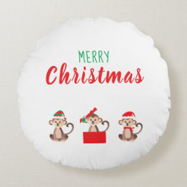 Almofada Redonda Macaco de Natal feliz Vestindo chapéu de Natal