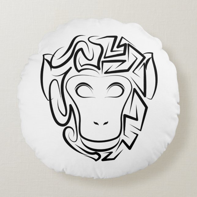 Almofada Redonda Macaco preto e branco tribal (Frente)