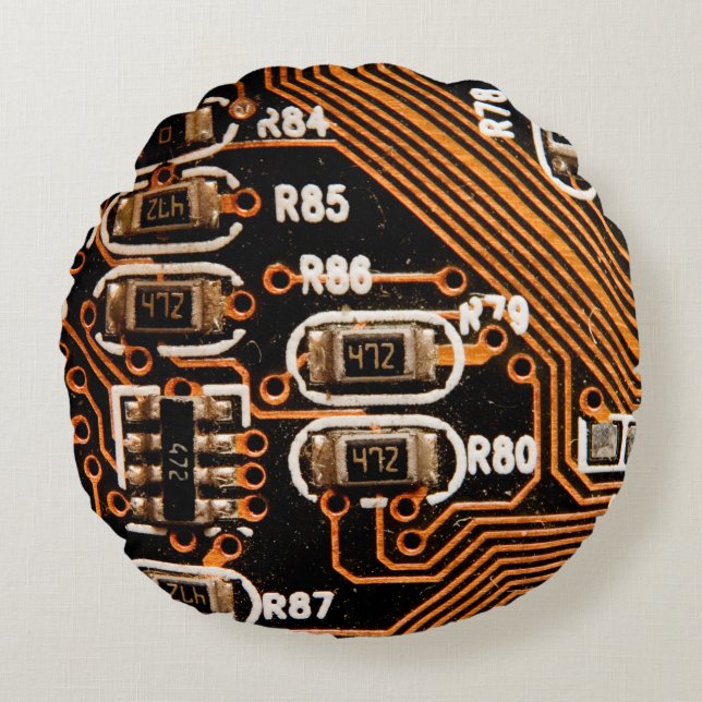 Almofada Redonda macro tomada de circuito,cabos,capacitores,placa, (Frente)