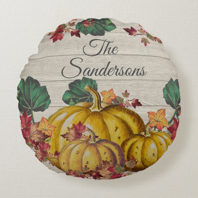 Almofada Redonda Madeira Rústica, Outono Laranja Pumpkin Folha Folh (Frente)