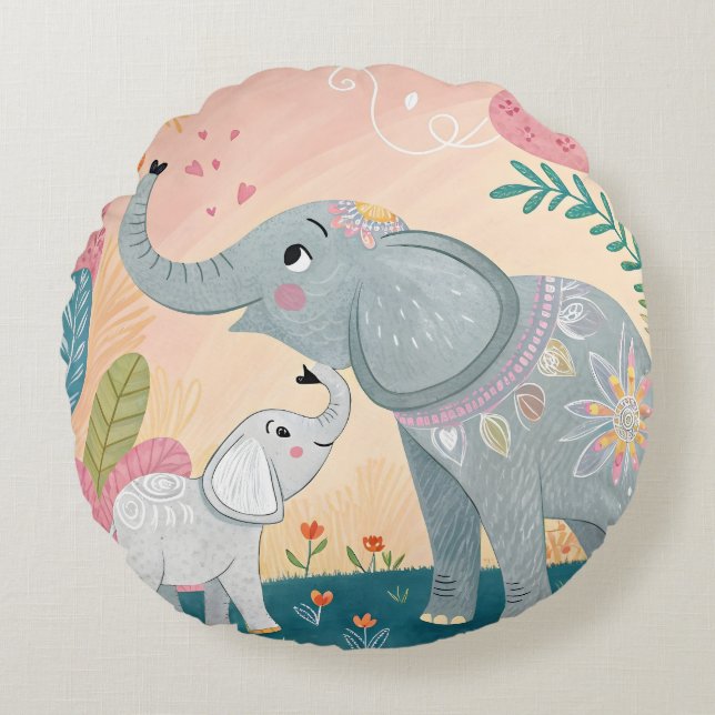 Almofada Redonda Mãe e Bebê Elefante (Frente)