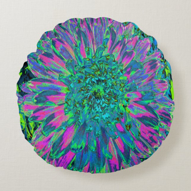 Almofada Redonda Magenta Psicodélica, Aqua e Dália Verde limão (Frente)