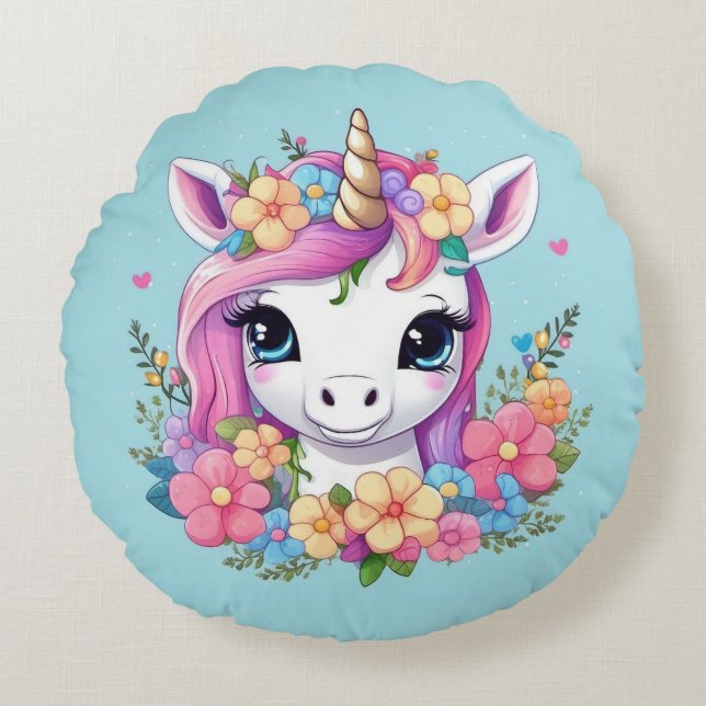 Almofada Redonda Magical Baby Unicorn with Flowers (Frente)