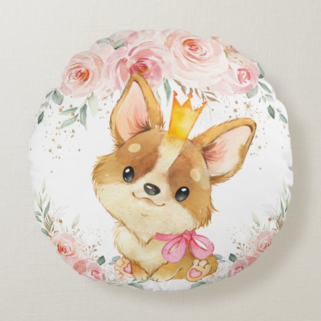 Almofada Redonda Magnética Princesa Corgi Cachorro Escamudo (Frente)
