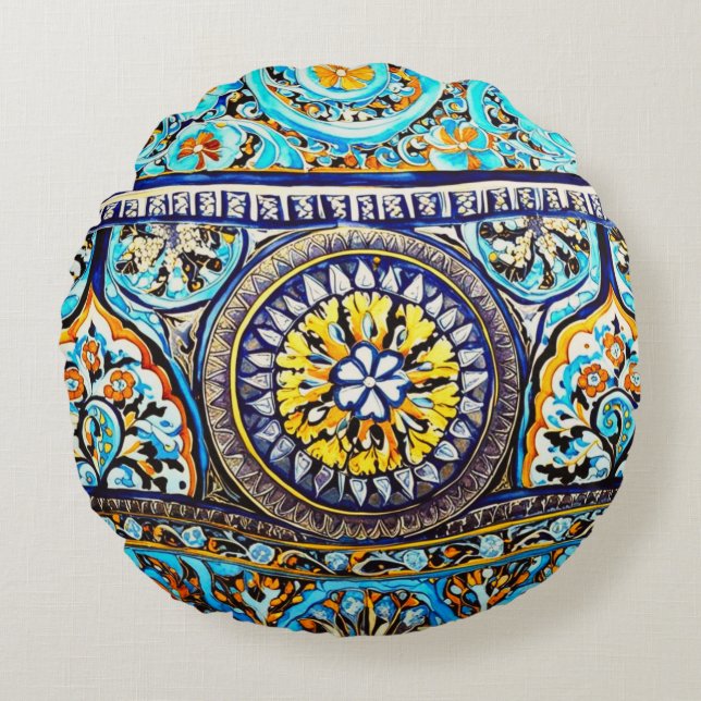 Almofada Redonda Maiolica Floral espanhola italiana medieval (Frente)