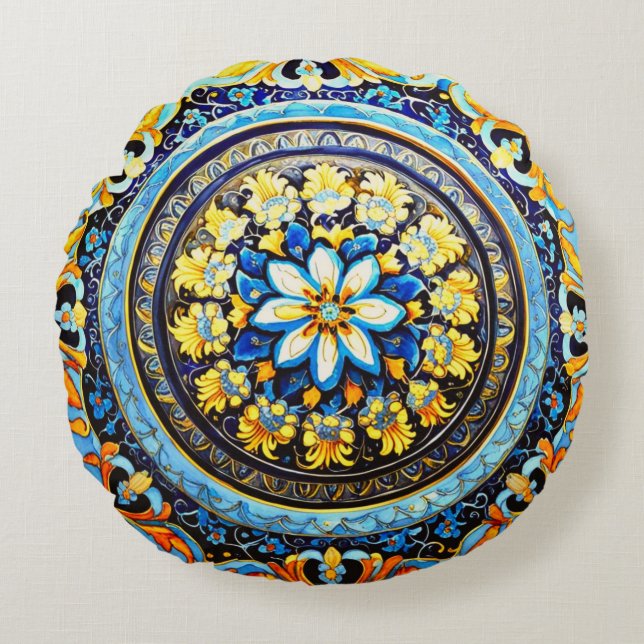 Almofada Redonda Maiolica Floral espanhola italiana medieval (Frente)