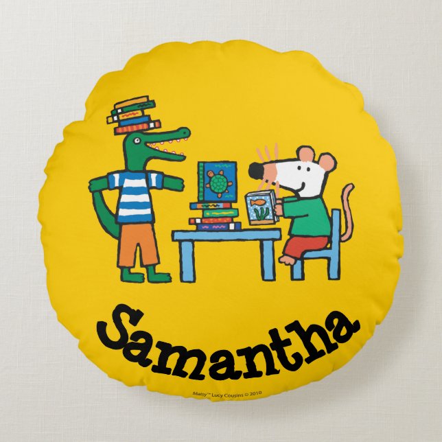 Almofada Redonda Maisy e os amigos apreciam a biblioteca (Frente)