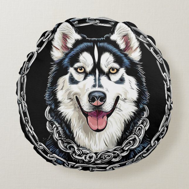 Almofada Redonda Majestoso Cão Husky com Cores Ousadas (Frente)