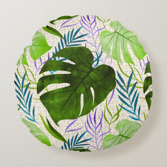 Almofada Redonda Maleah Monstera Tropical Havaiana Aquarela Verde (Frente)