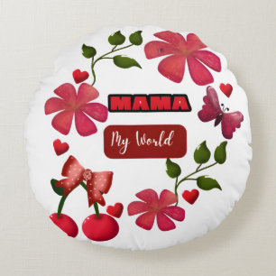 Almofada Redonda Mama Fofo Meu Mundo Design de Cerejas com Corações