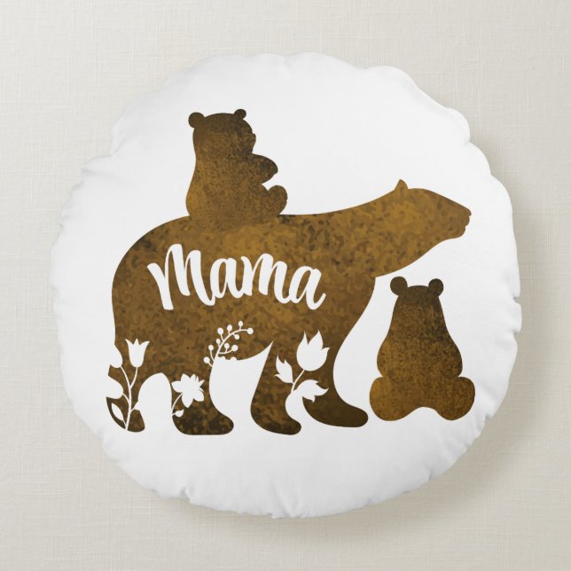 Almofada Redonda Mamãe Ursa com 2 Cubs Mãe de Dois (Frente)
