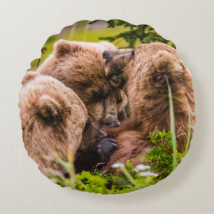 Almofada Redonda Mamãe urso cuidando de seus dois filhotes, Lago Cl