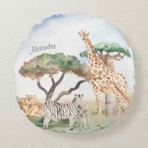 Almofada Redonda Mamães de aquarelas e animais bebês africanos