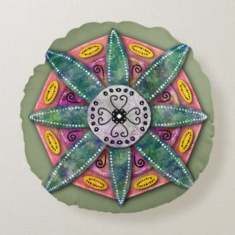 Almofada Redonda Mandala 8 Pétalas de flor verde sobre vermelho