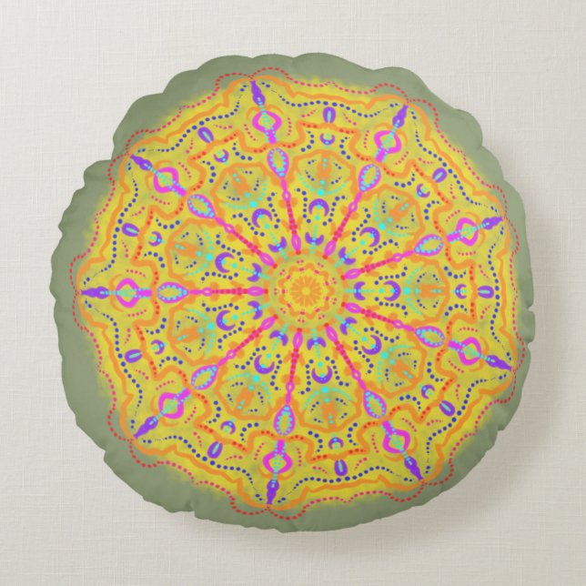 Almofada Redonda Mandala Amarelo com Geometria Rosa (Frente)