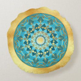 Almofada Redonda Mandala azul dourado em Fundo Dourado Suave